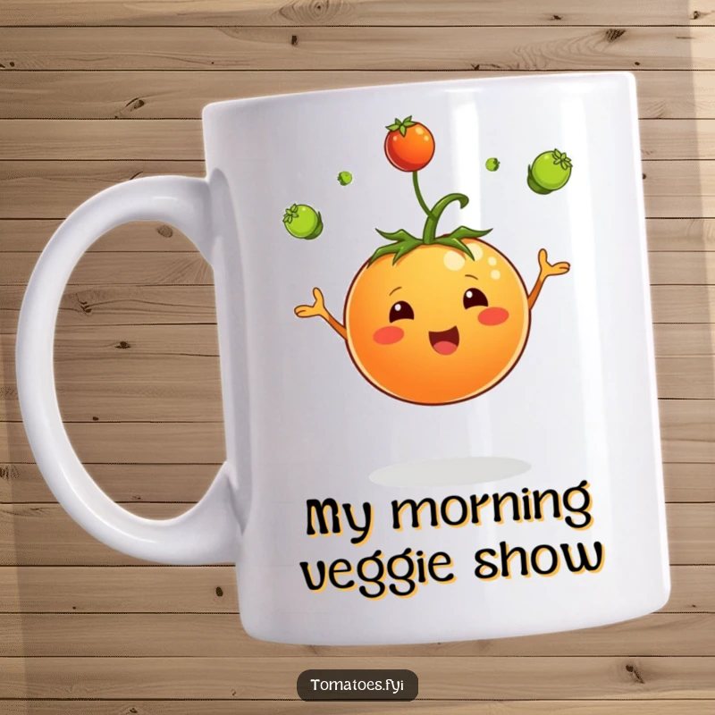 Funny mug with a jubilant tomato character skillfully juggling tiny green sprouts, celebrating growth and healthy eating.