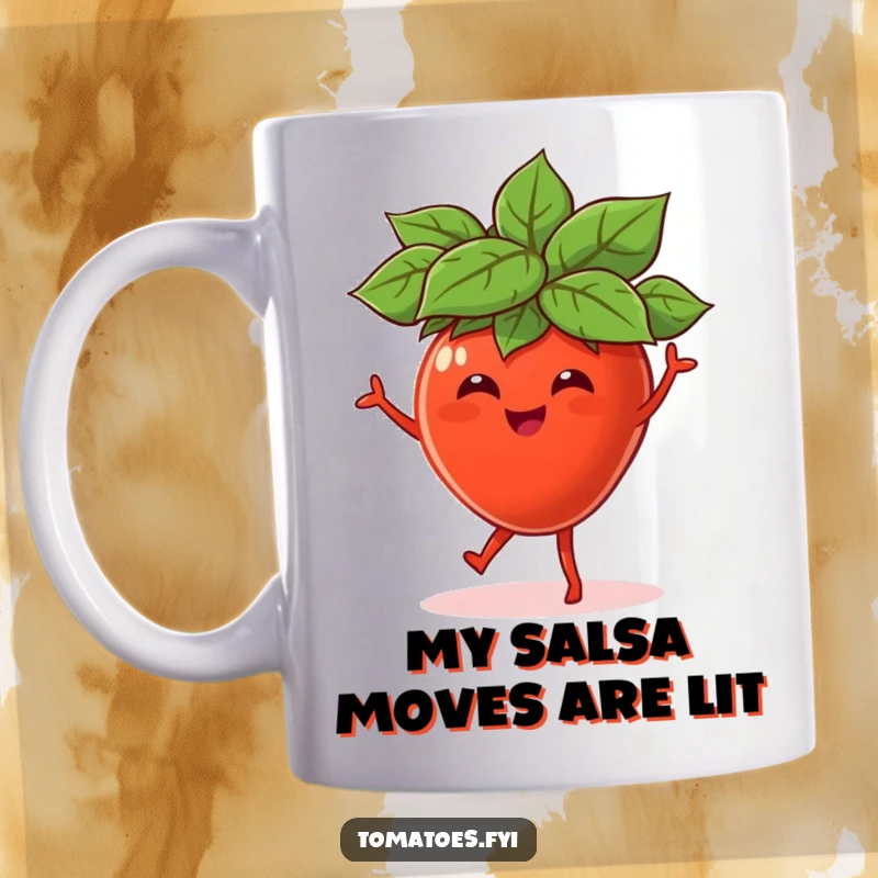 Funny mug featuring a joyful tomato character in a tiny leaf hat, enthusiastically dancing with a smile, spreading happiness.