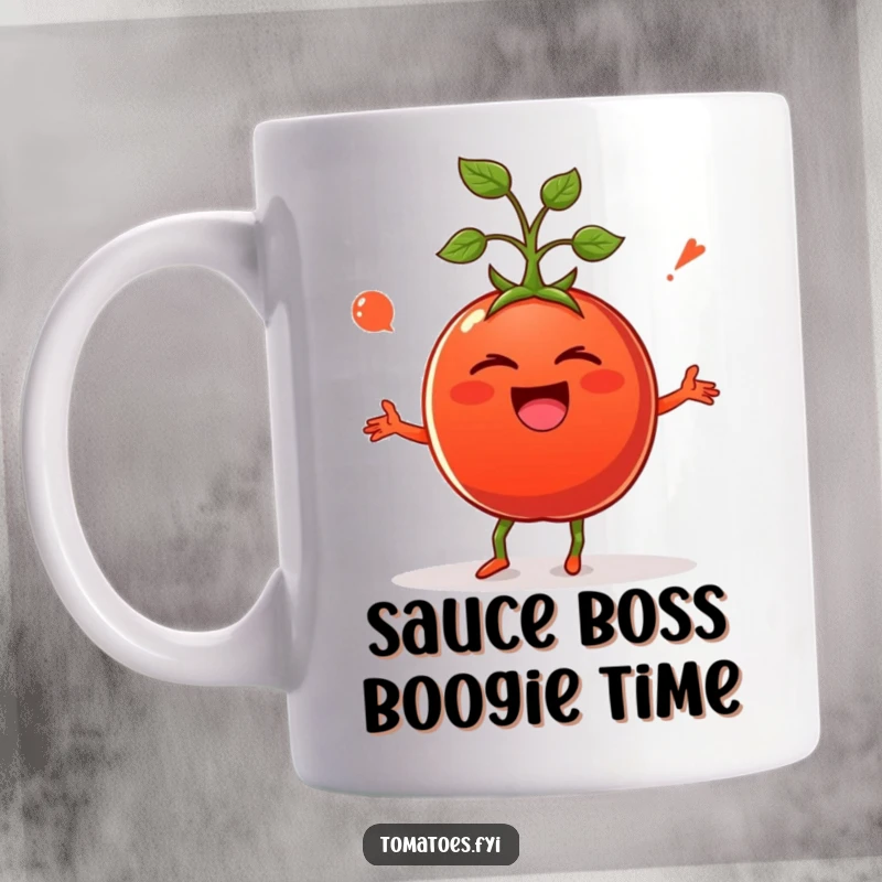 Funny mug featuring a giggling tomato enthusiastically performing a silly dance, radiating pure joy and humor.