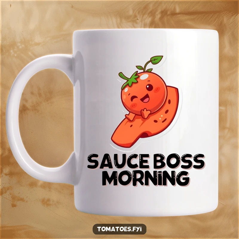 Funny tomato character mug, joyfully sliding down a red tomato slice on a fun, whimsical adventure, perfect for a laugh.