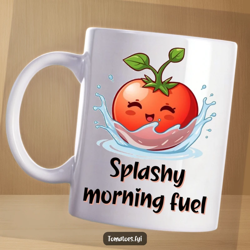 Funny mug features a joyful tomato character gleefully splish-splashing in water, creating a playful, wet scene.