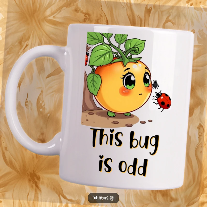 Funny Mug featuring a curious tomato character with wide eyes, gently sniffing a ladybug, a charming scene of discovery.