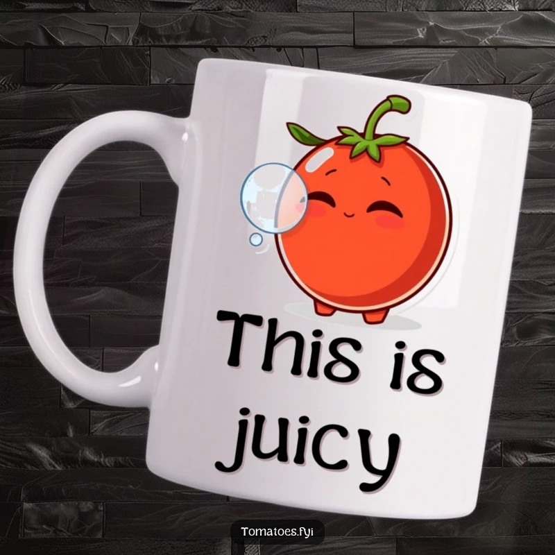 Funny mug of a smirking tomato character blowing a bubble with its mouth, conveying mischievous and playful humor.