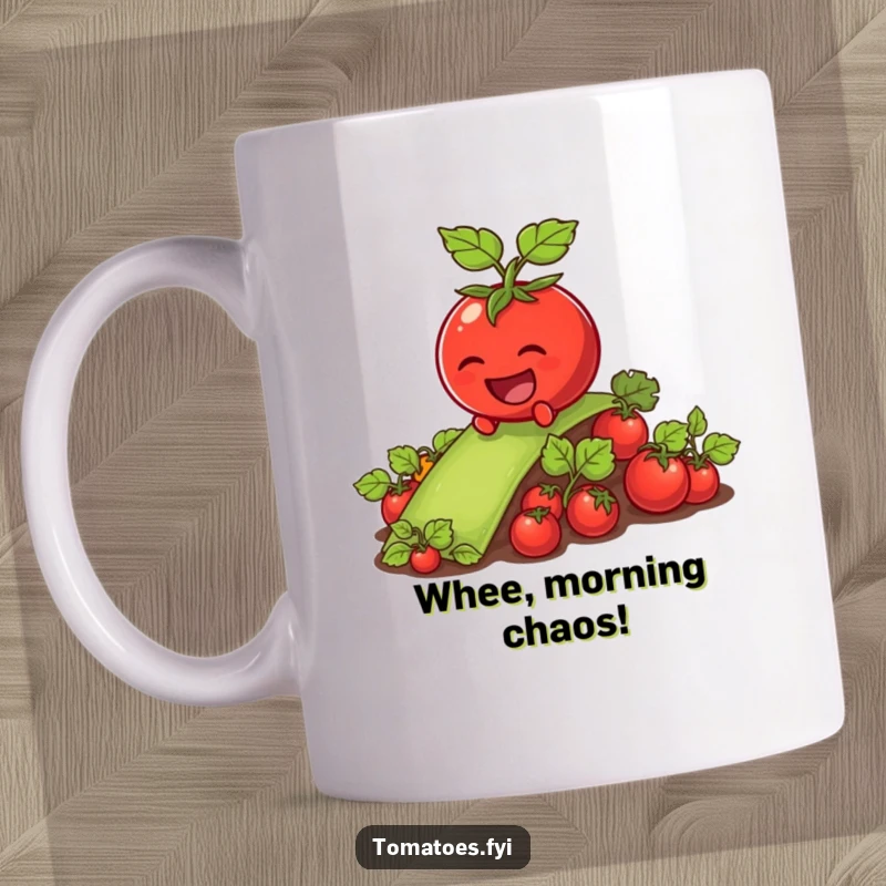 Funny tomato character with a wide smile joyfully sliding down a green, slippery vegetable patch on a mug.