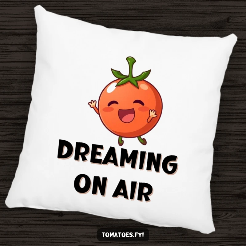 Funny pillow featuring a thrilled tomato character being carried by a gentle breeze, soft and serene home decor.