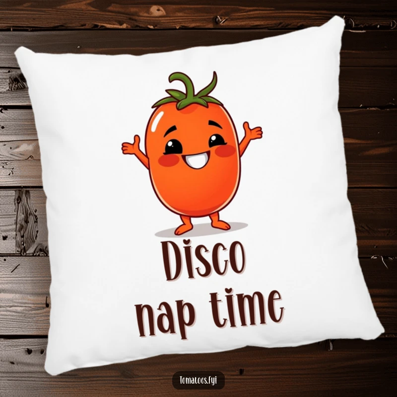 Funny pillow featuring a grinning tomato character doing a disco dance, perfect for comfort and adding humor.