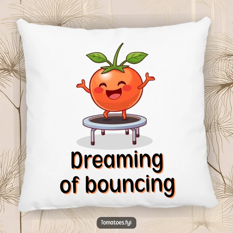 Funny Pillow: Happy tomato character comically bounces on a small trampoline, a soft and humorous cushion.
