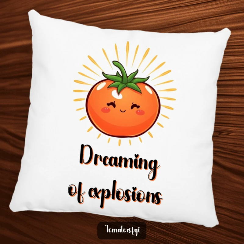 Funny pillow featuring a tomato radiating a starburst of energy, perfect for cozying up with dynamic humor.