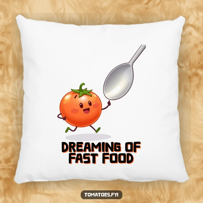 Funny pillow depicting a tomato character with tiny legs sprinting towards a giant spoon, cozy and comedic food-themed decor.