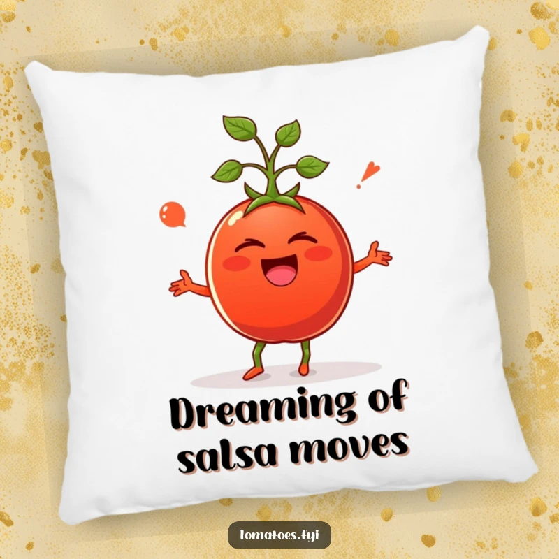 Funny pillow featuring a giggling tomato performing a hilarious silly dance, perfect for adding comfort and humor.
