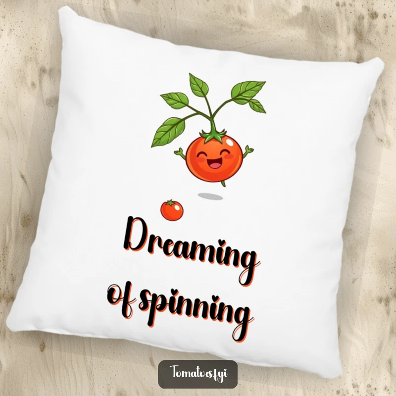 Funny Jovial Tomato Pillow: A soft pillow featuring a jovial tomato character in a happy spinning pose.