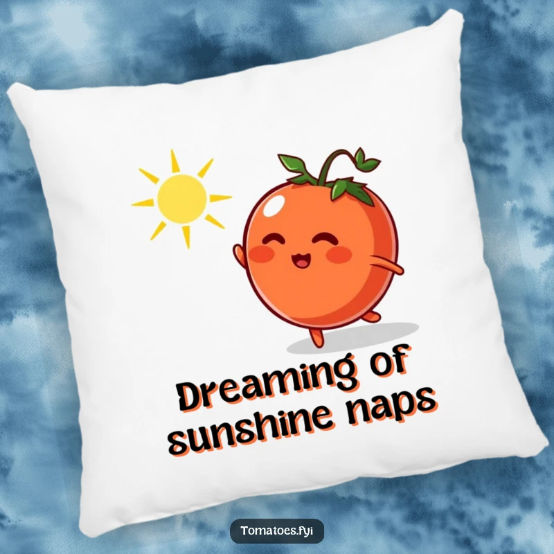 Funny pillow with a cartoon tomato energetically chasing a dancing sunbeam, offering comfort and a splash of playful humor.
