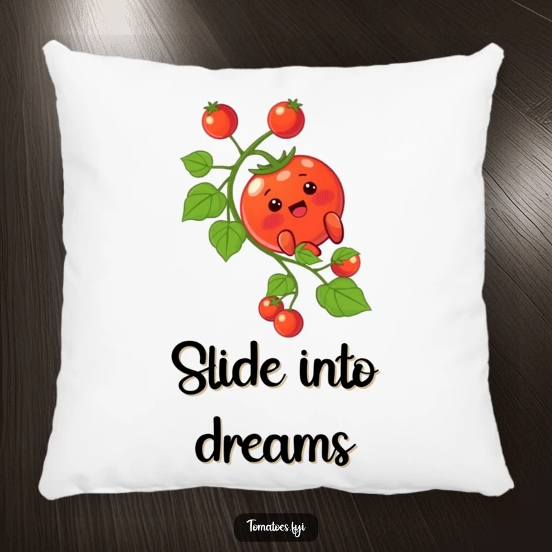Funny Pillow: A sweet blushing tomato character takes a fun slide down a vine. A funny gift.