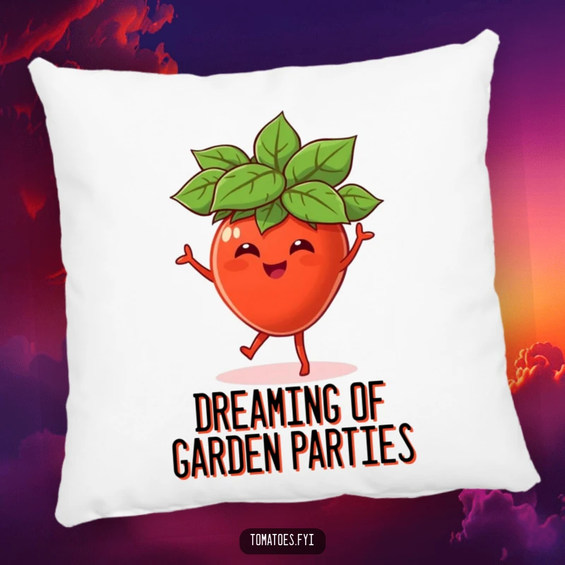 Funny pillow featuring a delightful tomato character in a miniature leaf hat, dancing with pure happiness and vibrant energy.