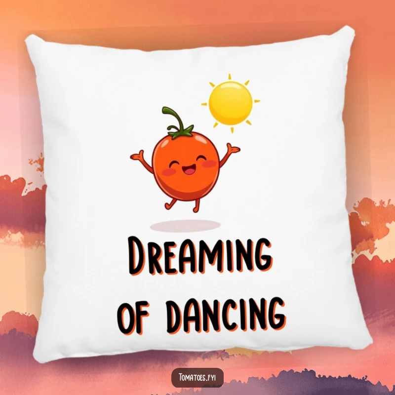 Funny pillow with a cheerful tomato character dancing in the sun, offering happy comfort and humor.