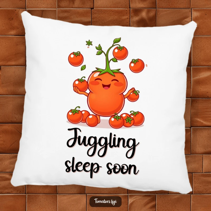 Funny Pillow: A giggling tomato character juggles cherry tomatoes. A funny gift.