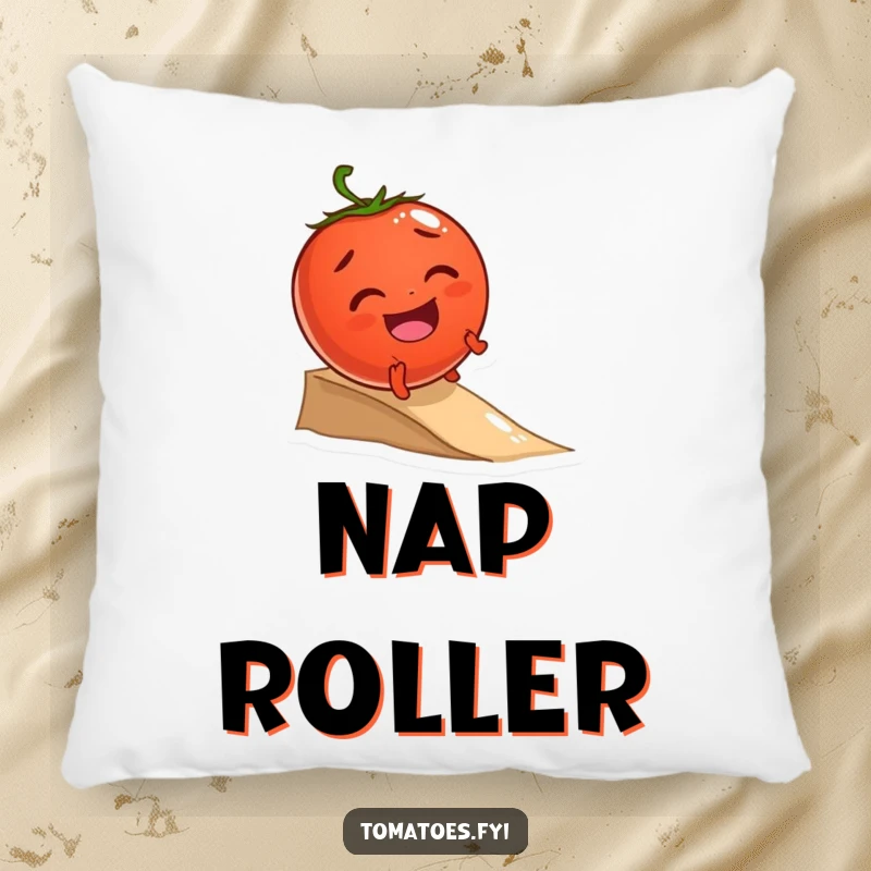 Funny pillow with a giggling tomato character joyfully rolling down a small incline, offering soft comfort and cheerful vibes.