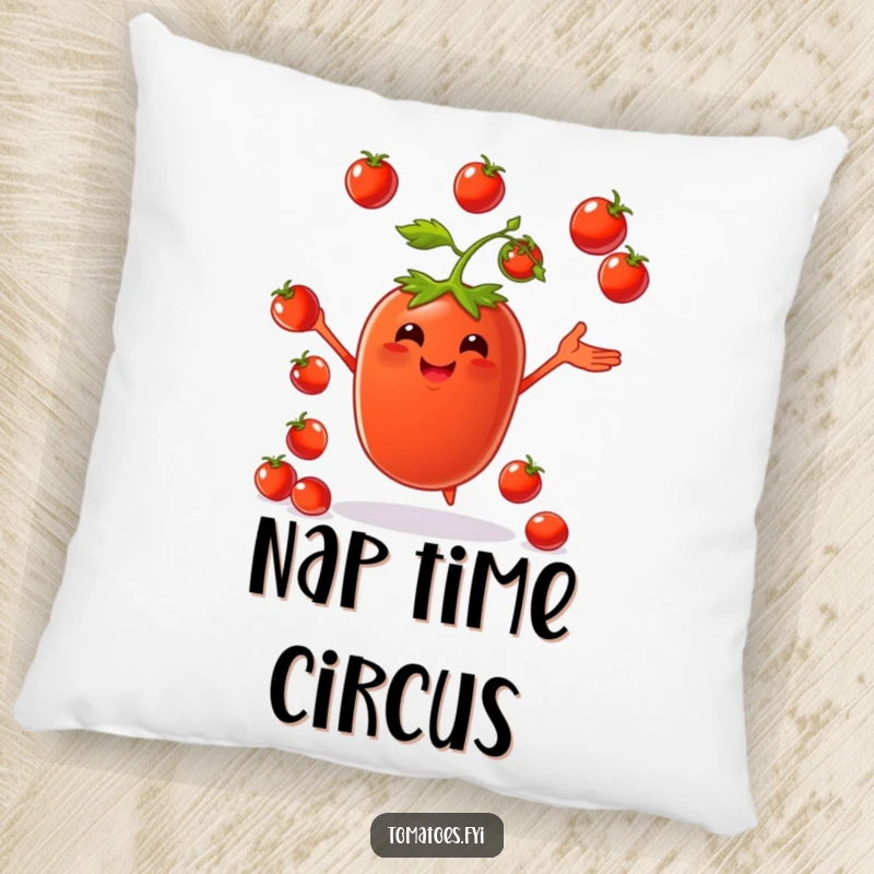 Funny pillow featuring a happy tomato character juggling small cherry tomatoes, perfect for cozy, humorous relaxation.