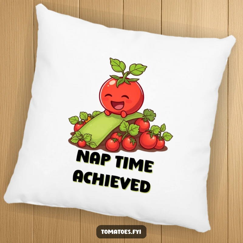 Funny tomato character sliding down a vegetable patch on a plush, comfortable throw pillow.