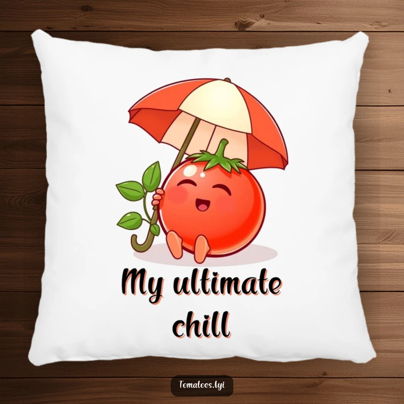 Funny pillow featuring a content tomato character relaxing under a tiny umbrella, perfect for comfort and adding humor.