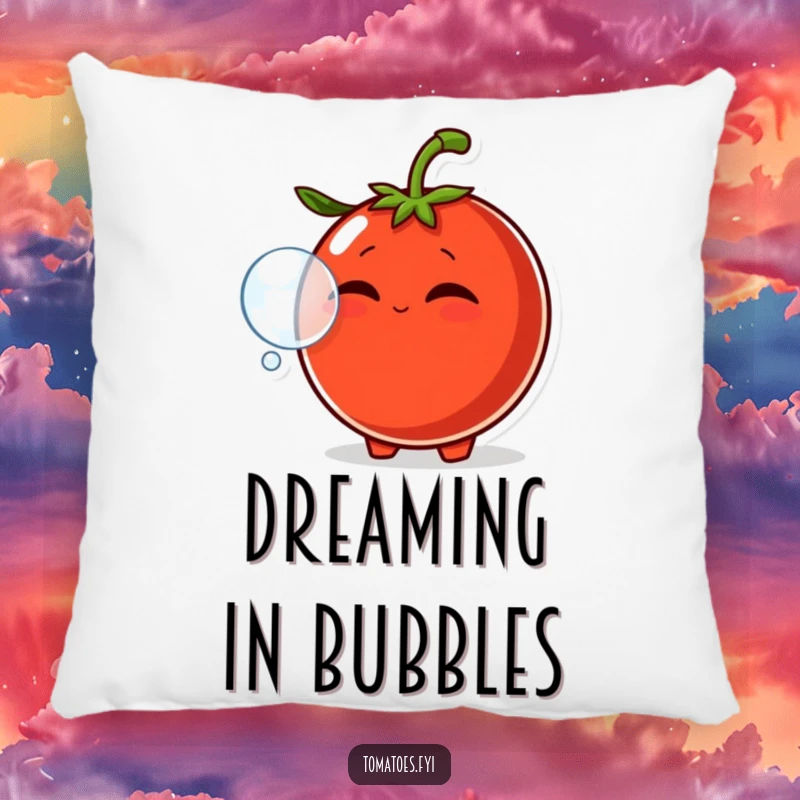 Funny accent pillow with a smirking tomato character blowing a bubble with its mouth, perfect for adding playful charm to furniture.