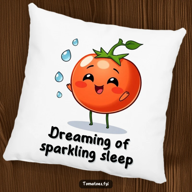 Funny tomato character joyfully juggling tiny dew drops on this pillow, a humorous and soft accent.