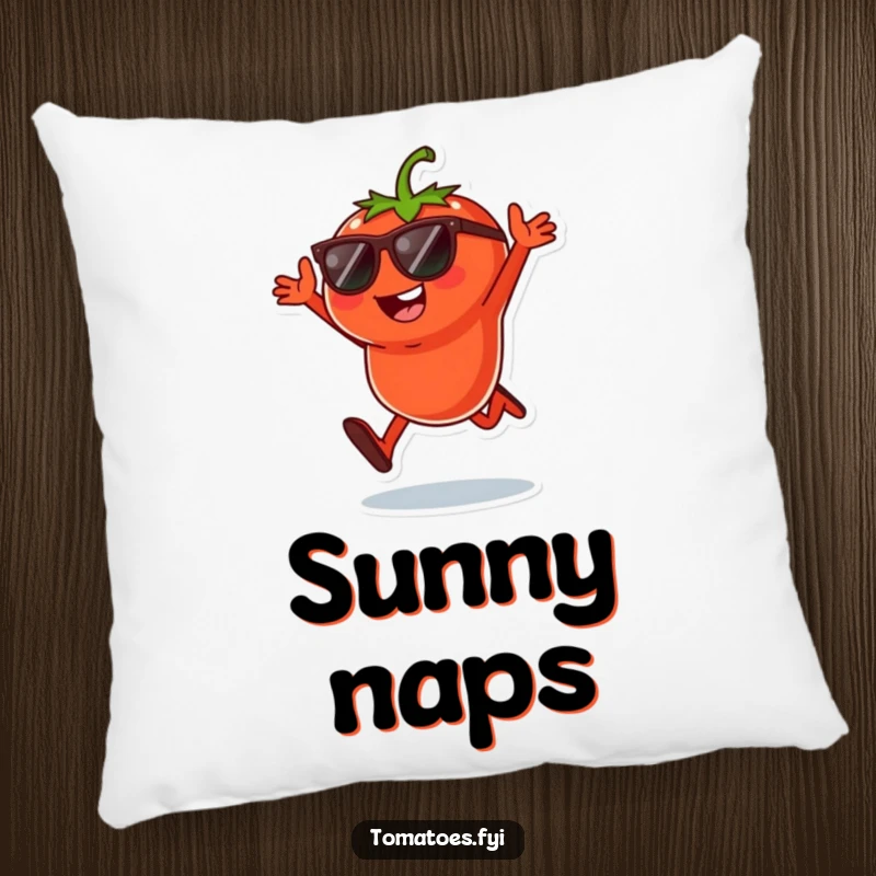 Funny pillow featuring a cool tomato character in sunglasses mid-playful jump, a cozy and vibrant accent piece.