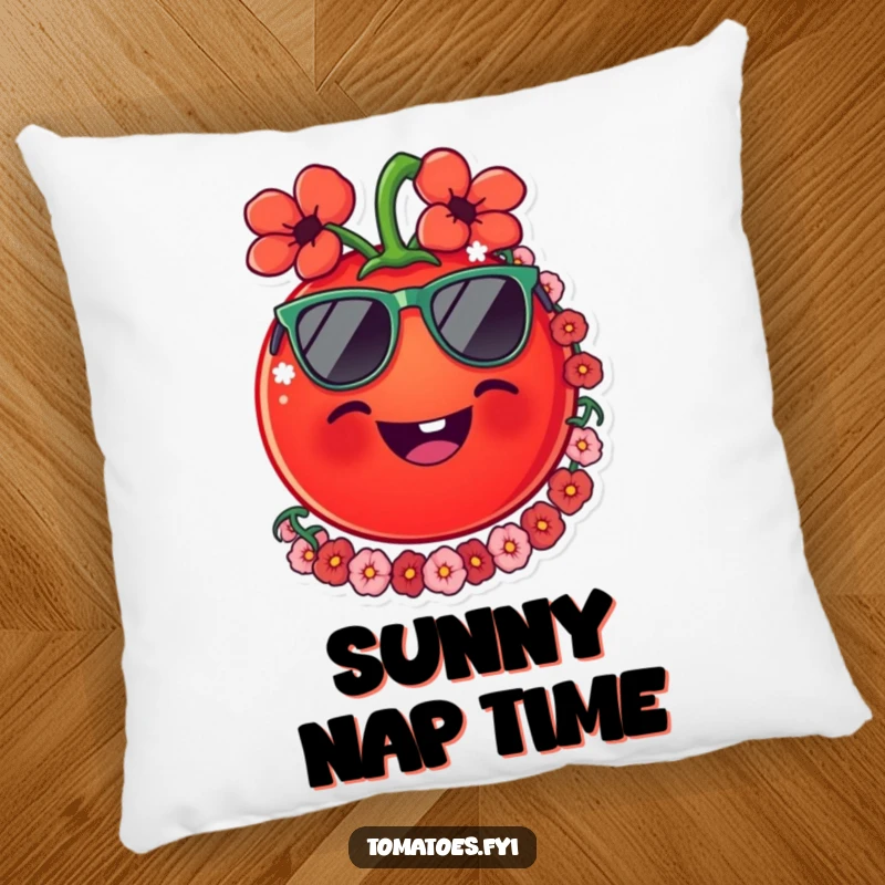 Funny tomato pillow with a smiling tomato wearing sunglasses and a lei, offering comfort and a dose of tropical humor.
