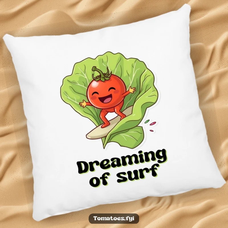 Funny grinning tomato character surfing on a giant lettuce leaf, on a soft and funny decorative pillow.