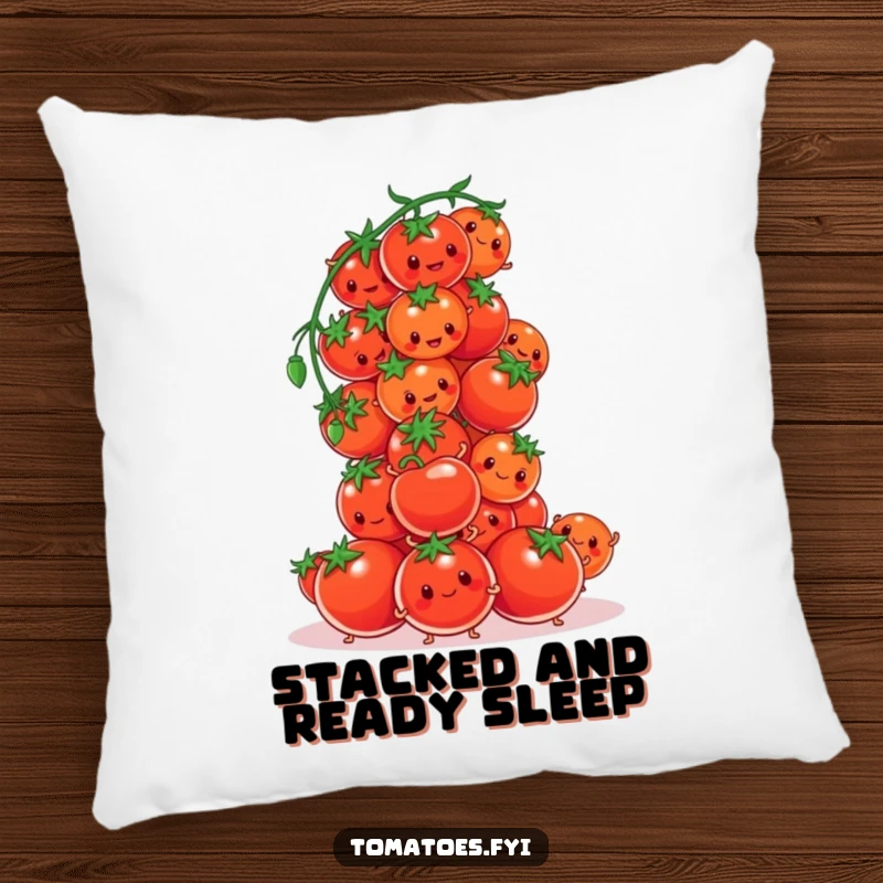 Funny tomato characters comically trying to build a tower of cherry tomatoes on this pillow, a humorous and soft accent.