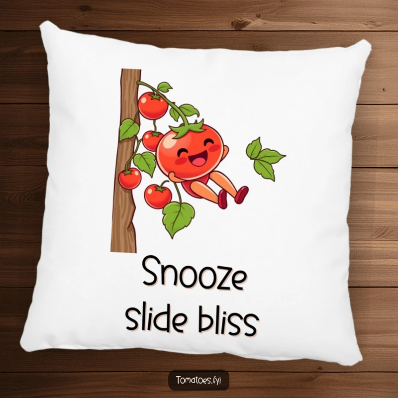 Funny pillow with a tomato character joyfully sliding down a vine, offering comfort and a humorous, adventurous decorative accent.