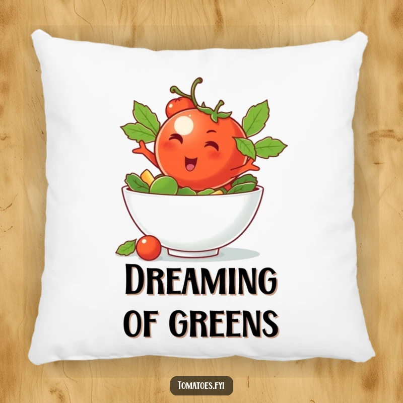 Funny pillow with a winking tomato character doing a cool dive into a salad bowl, offering stylish comfort and humor.