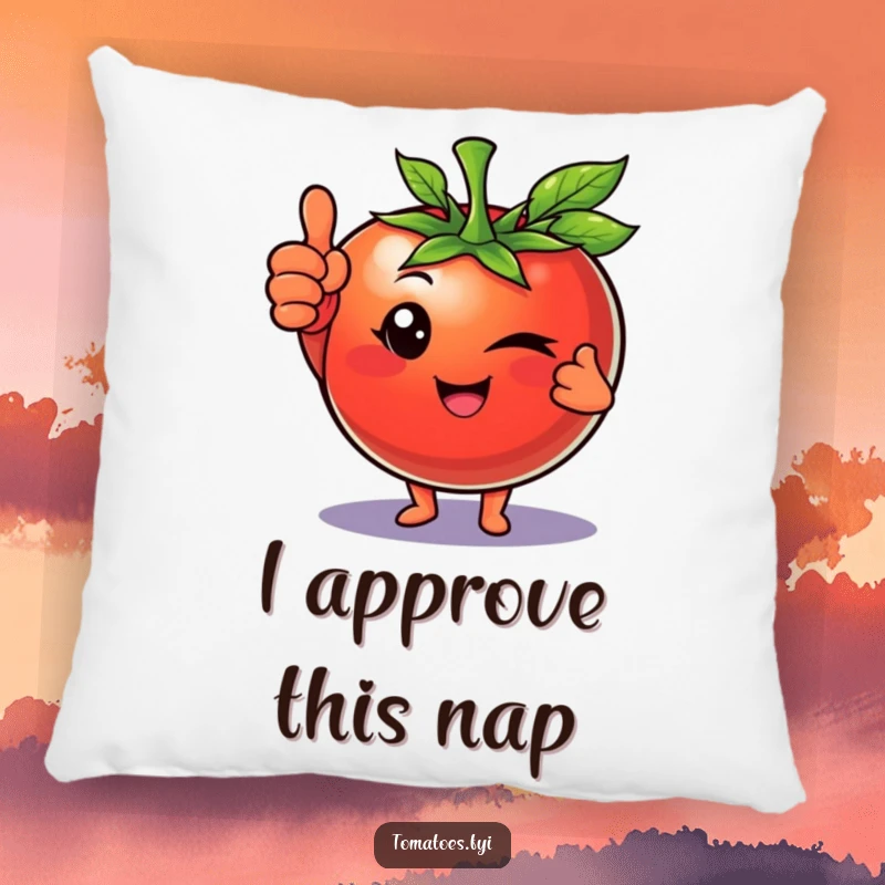 Funny pillow depicting a smiling tomato character winking and giving a thumbs up, offering a cozy and confident vibe.