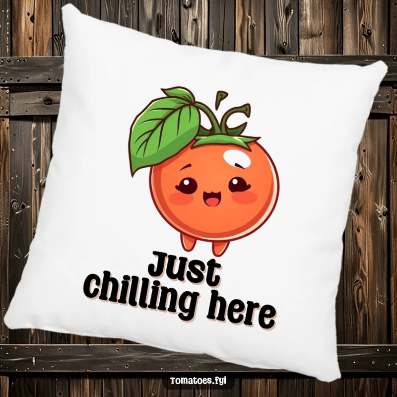 Funny pillow featuring a cheerful tomato character peeking from behind a leaf, offering comfort and a touch of playful mystery.