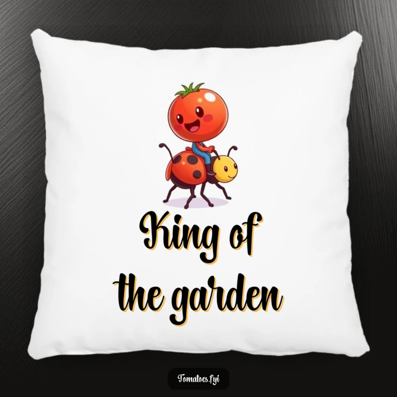 Funny accent pillow with a tomato character comically riding a ladybug like a tiny steed, adding whimsical charm and humor to any couch.