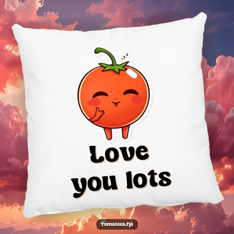 Funny pillow features a sweet tomato character blowing a kiss, offering comfort and a charming touch for decor.
