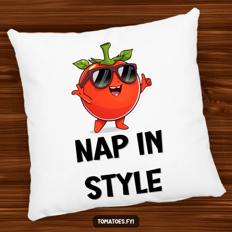 Funny tomato character wearing sunglasses and striking a cool pose, on a soft and funny pillow.