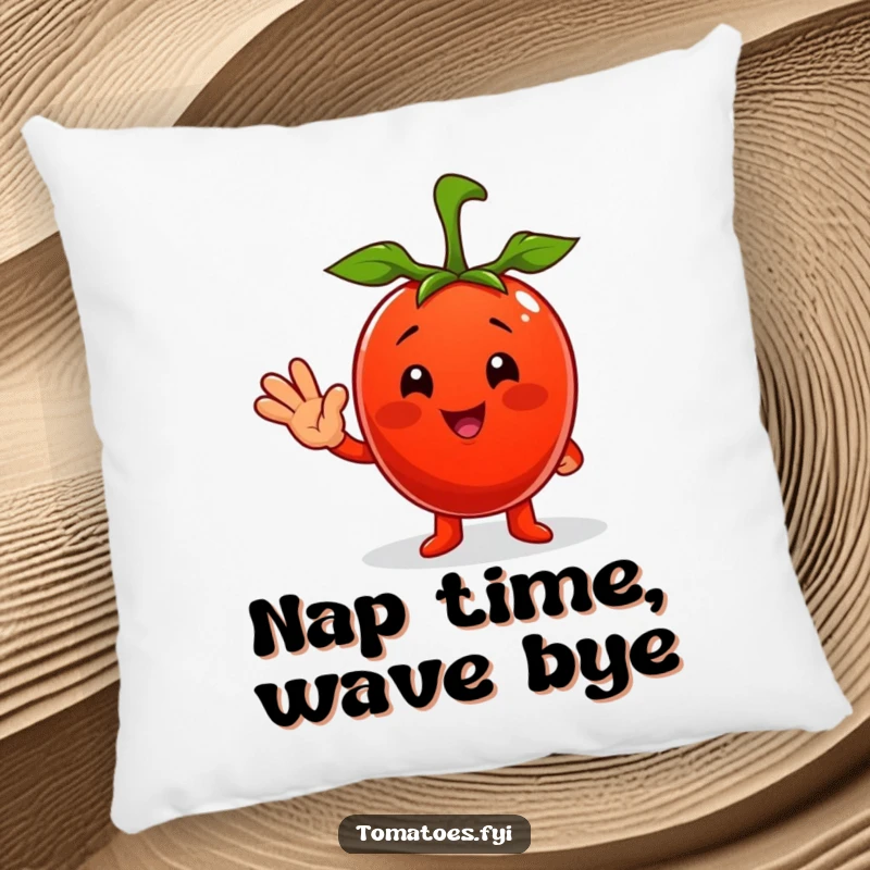 Funny pillow featuring a plush tomato character with a wide smile, waving hello in a soft, huggable design.