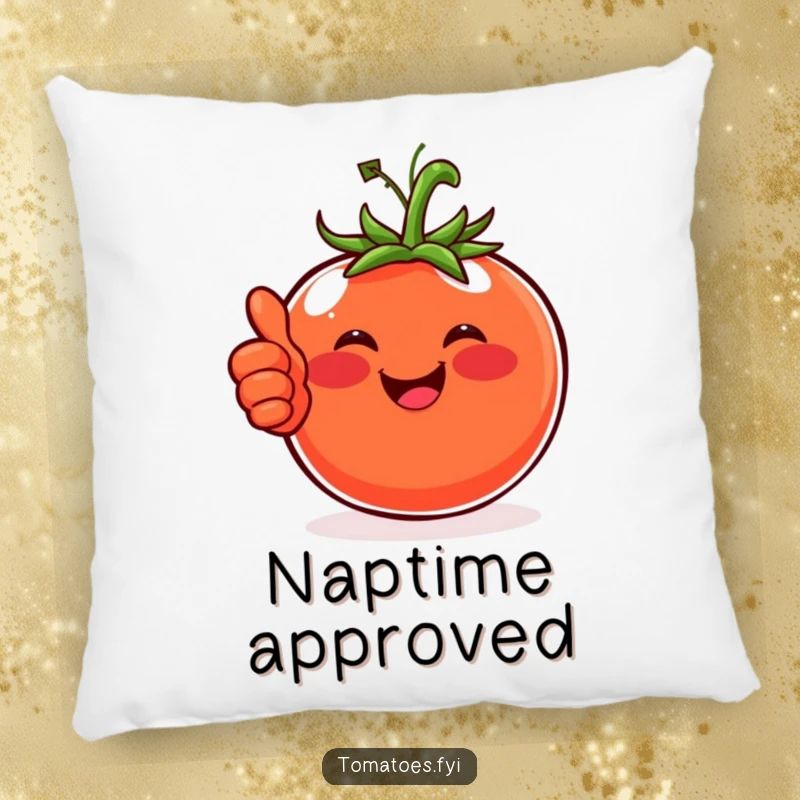 Funny pillow featuring a happy tomato with rosy cheeks giving a thumbs-up, providing cozy and positive humor.