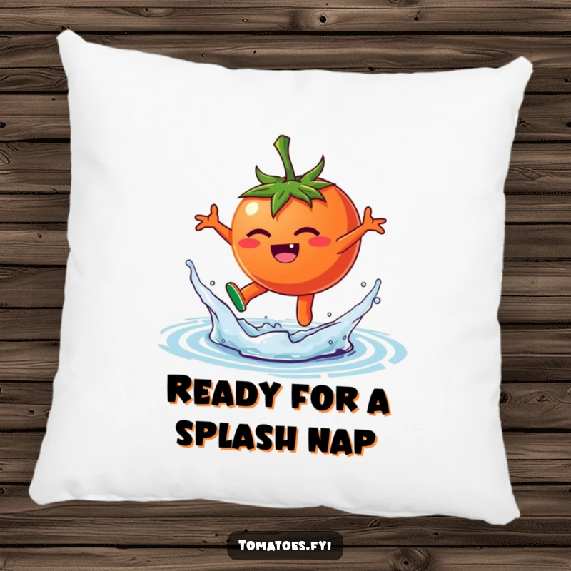 Funny pillow featuring a happy tomato character joyfully leaping into a playful water splash, perfect for a cozy and fun atmosphere.
