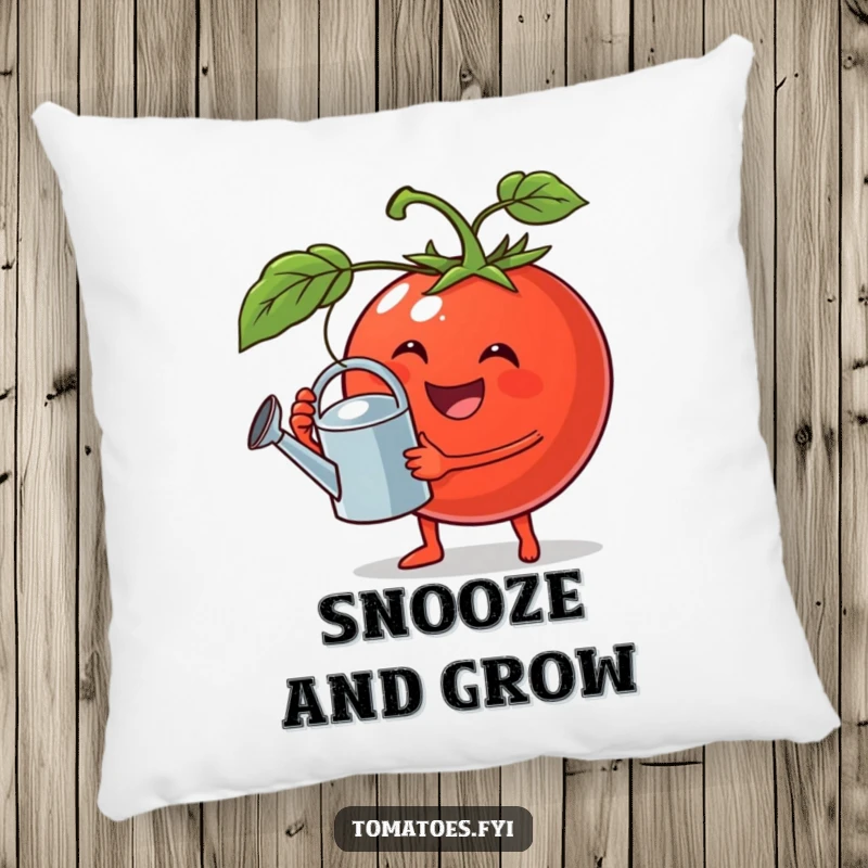 Funny pillow featuring a jovial tomato with a tiny watering can, perfect for cozying up with garden charm.