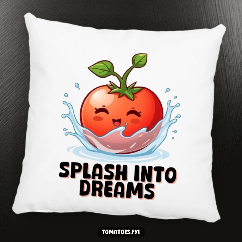 Funny pillow featuring a tomato character happily splishing and splashing in water, offering plush, wet-themed comfort.