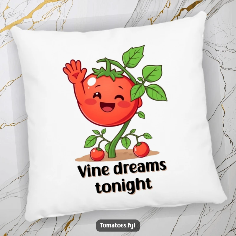 Funny pillow with a cartoon tomato character waving from its vine, offering comfort and a touch of vegetable humor.