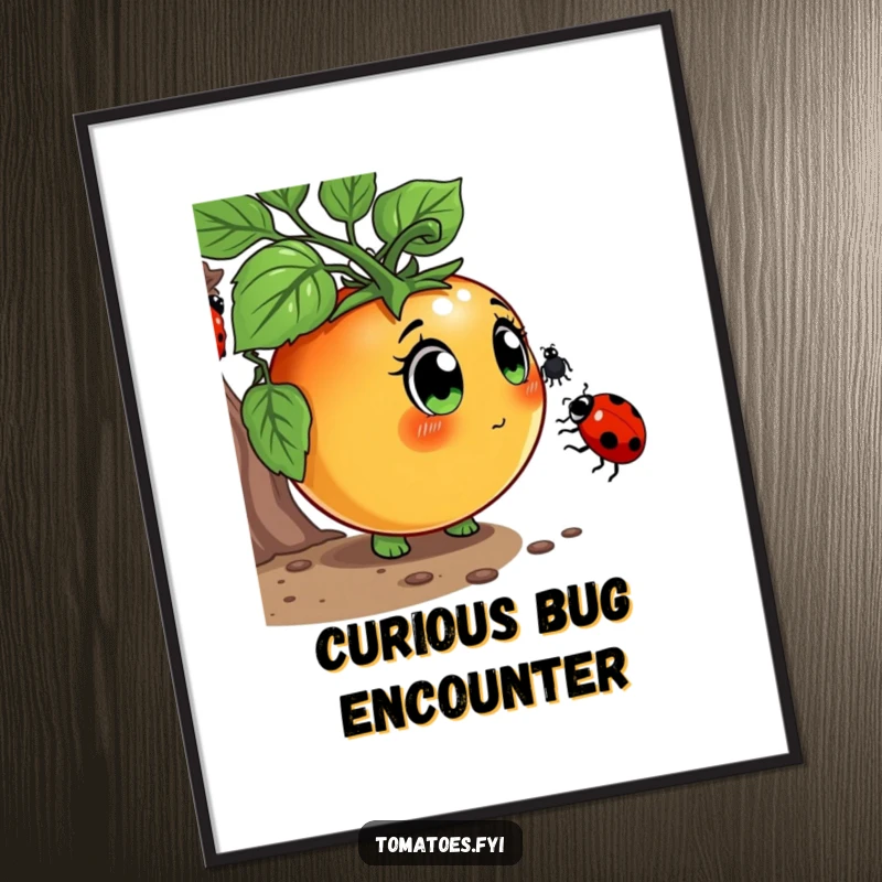 Funny Digital Art Print of a curious tomato character with wide eyes, sniffing a ladybug, perfect for instant, humorous decor.