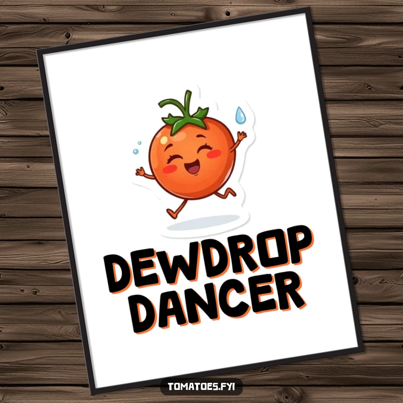Funny digital art print of a cheerful tomato character happily skipping with a dewdrop, offering instant joyful decor.