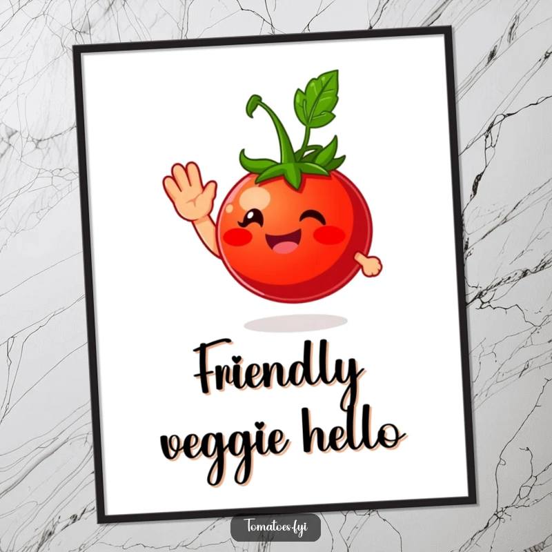 Funny digital art print of a smiling tomato character giving a friendly wave, offering instant humorous and cheerful wall decor.
