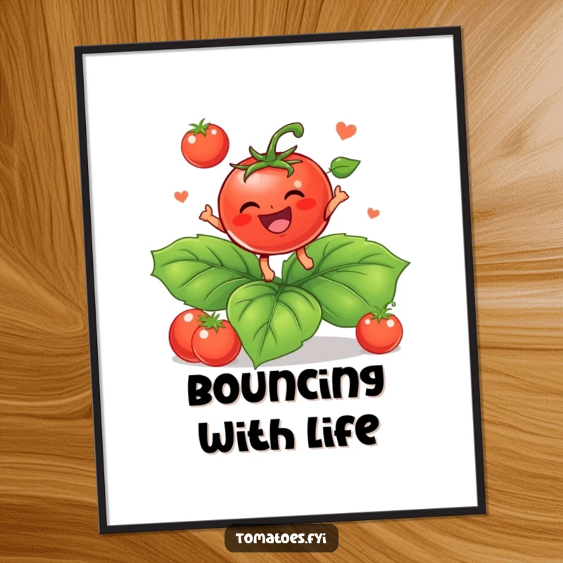 Funny Digital Art: A baby tomato bounces on a leaf. A funny gift.