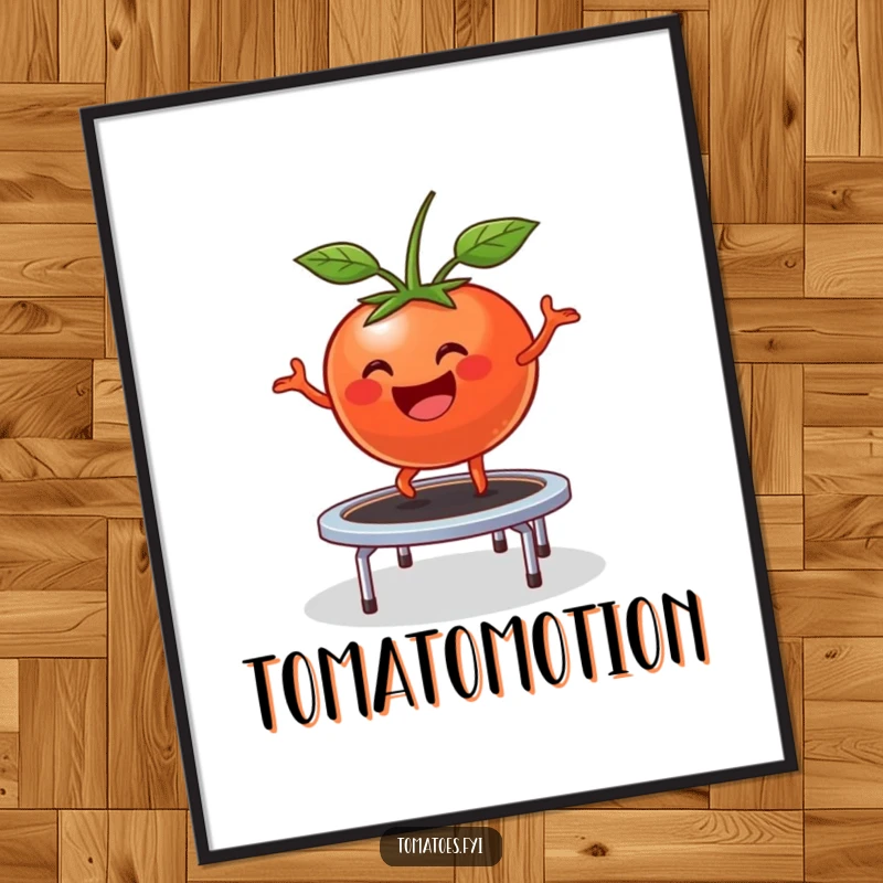 Funny Digital Art Print: Happy tomato character comically bounces on a small trampoline, a joyful and humorous artwork.