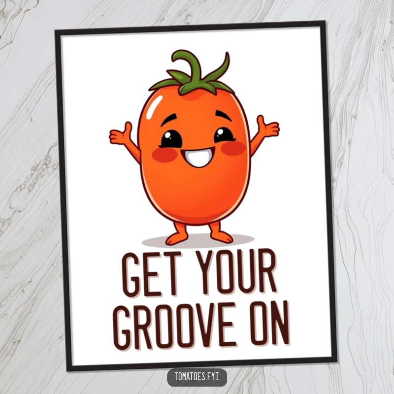 Funny digital art print of a grinning tomato character doing a disco dance, perfect for instant party decor.