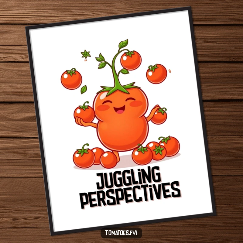 Funny Digital Art: A tomato giggles while juggling cherry tomatoes. A funny gift.